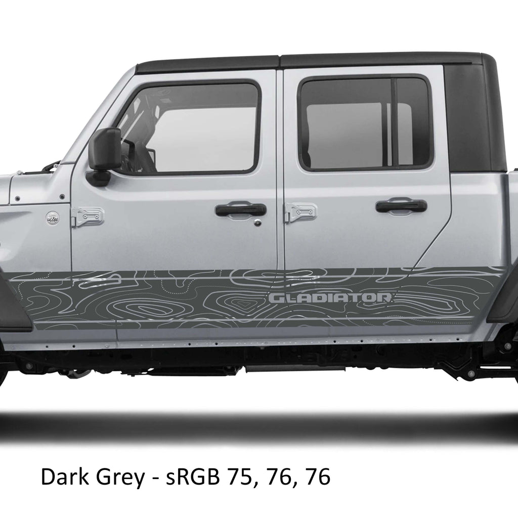Dark gray topographic contour map vinyl decal on silver Jeep Gladiator JT rocker panel mockup