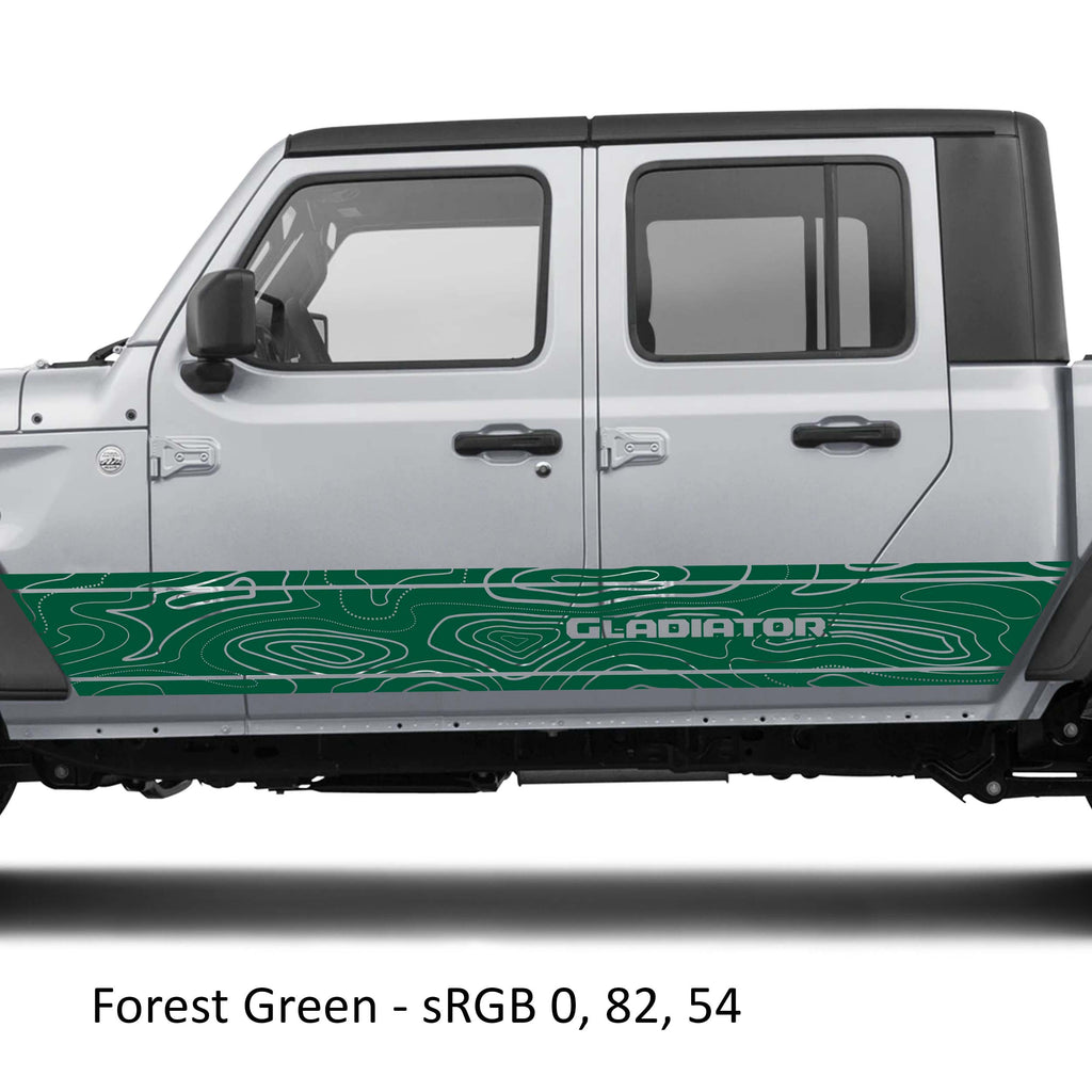 Forest green topographic contour map vinyl decal on silver Jeep Gladiator JT rocker panel mockup