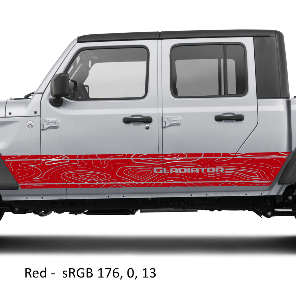 Red topographic contour map vinyl decal applied to silver Jeep Gladiator JT rocker panel mockup