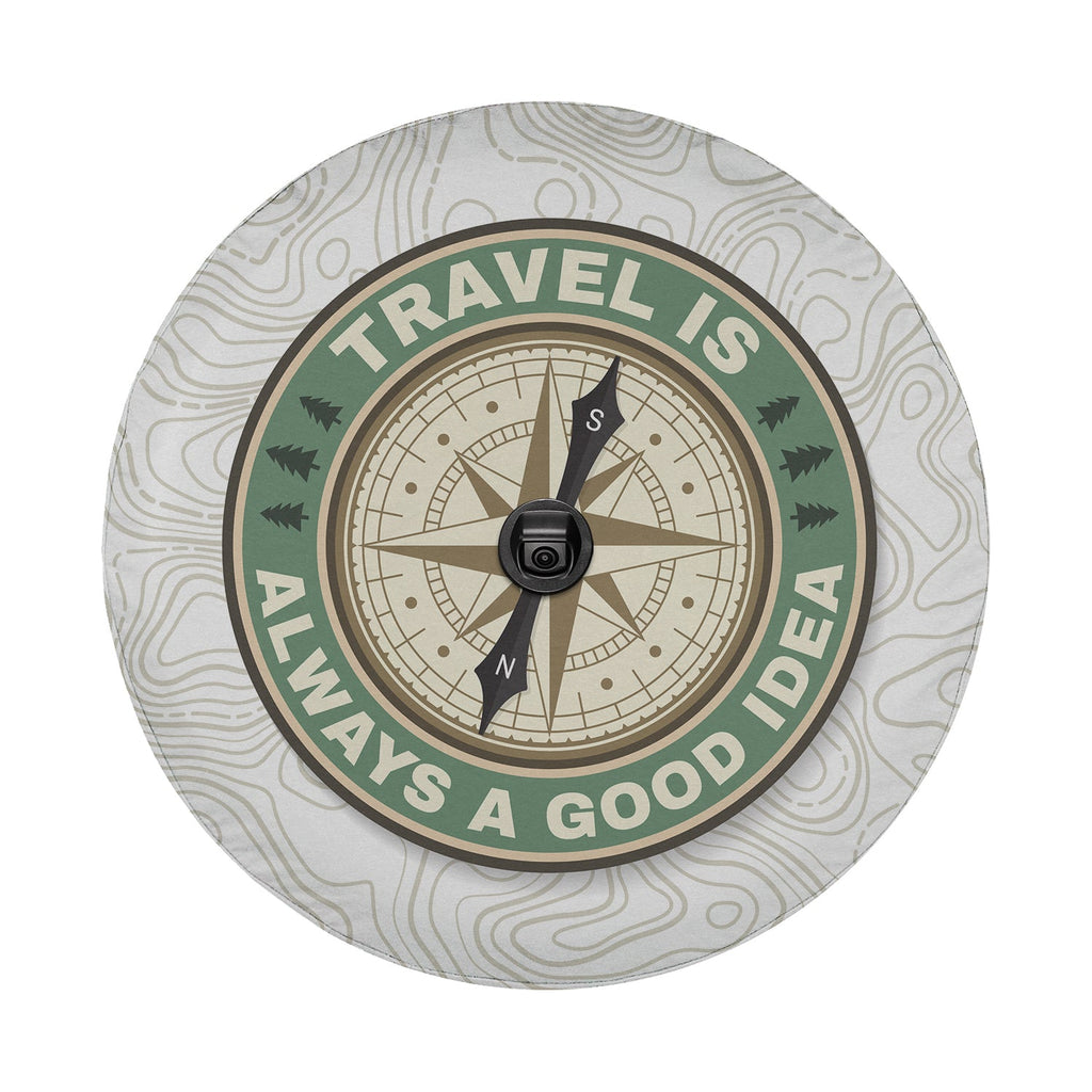 Travel Good Idea spare tire cover detail tan topo map background sage green compass badge artwork