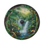 Flat round tropical paradise tire cover closeup with waterfalls toucans macaws and lush green jungle scene