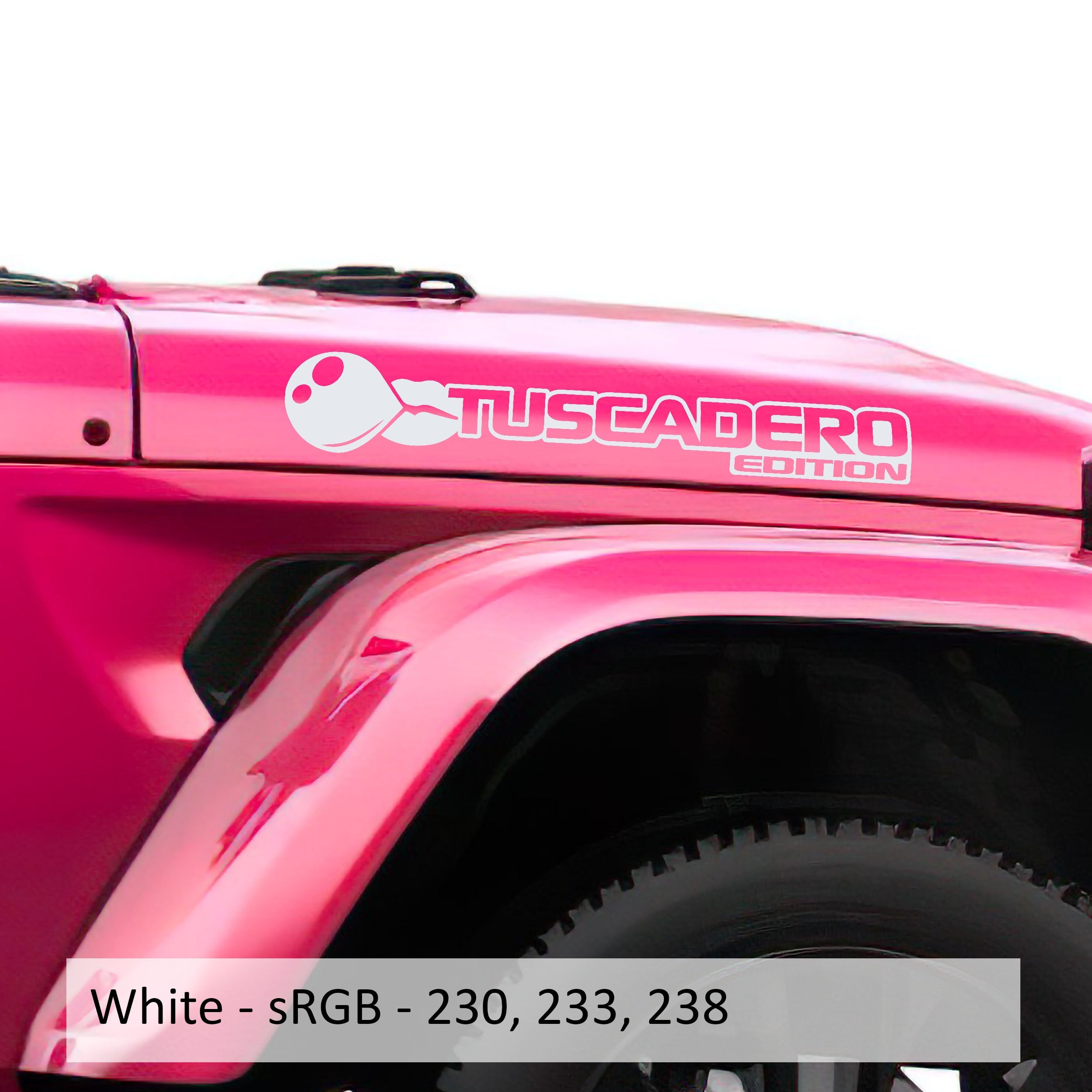 White Tuscadero Bubblegum Edition hood vinyl decal set pair with bubble gum graphic shown