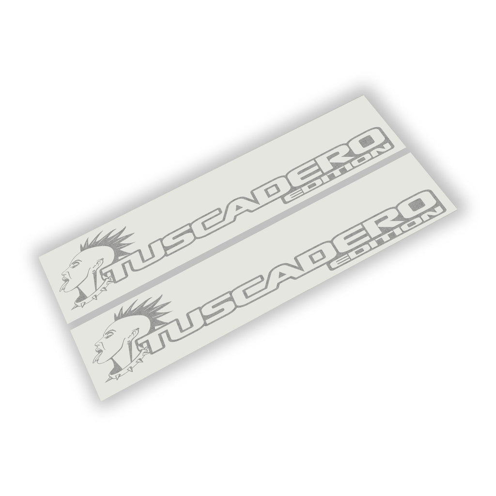 Tuscadero Edition vinyl decal pair featuring punk mohawk face graphic with bold logo text