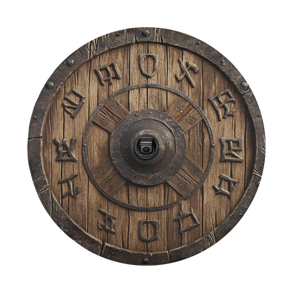 Flat round wooden Viking shield artwork with iron rim and Norse runes carved around the border