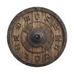 Flat round wooden Viking shield artwork with iron rim and Norse runes carved around the border