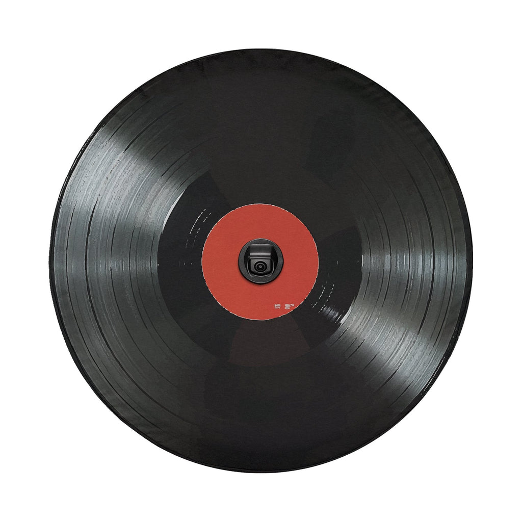 Vinyl Record tire cover product mockup on red Ford Bronco rear desert showing realistic LP album art