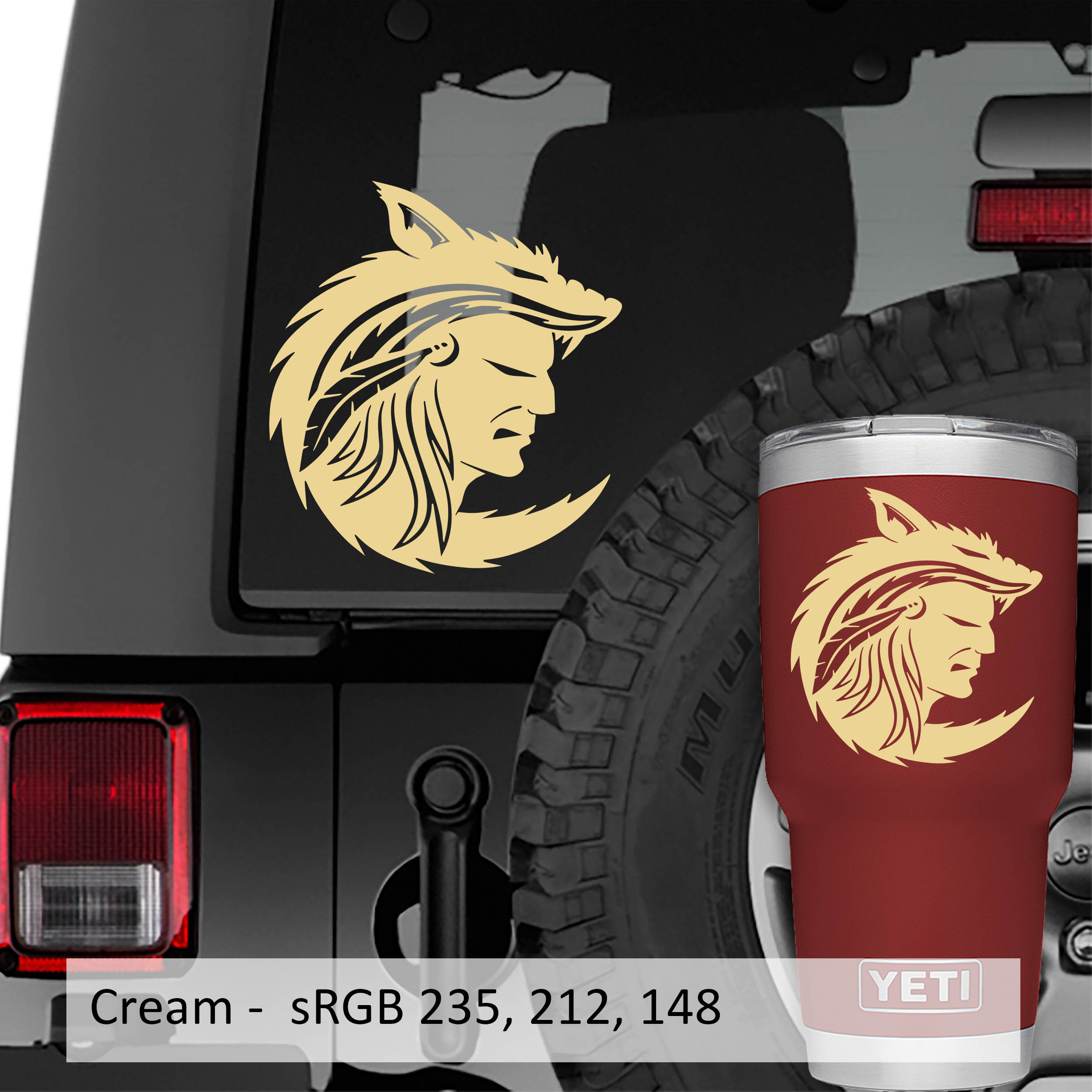 Native American Indian Warrior Wearing Wolf Head Dress Vinyl Decal