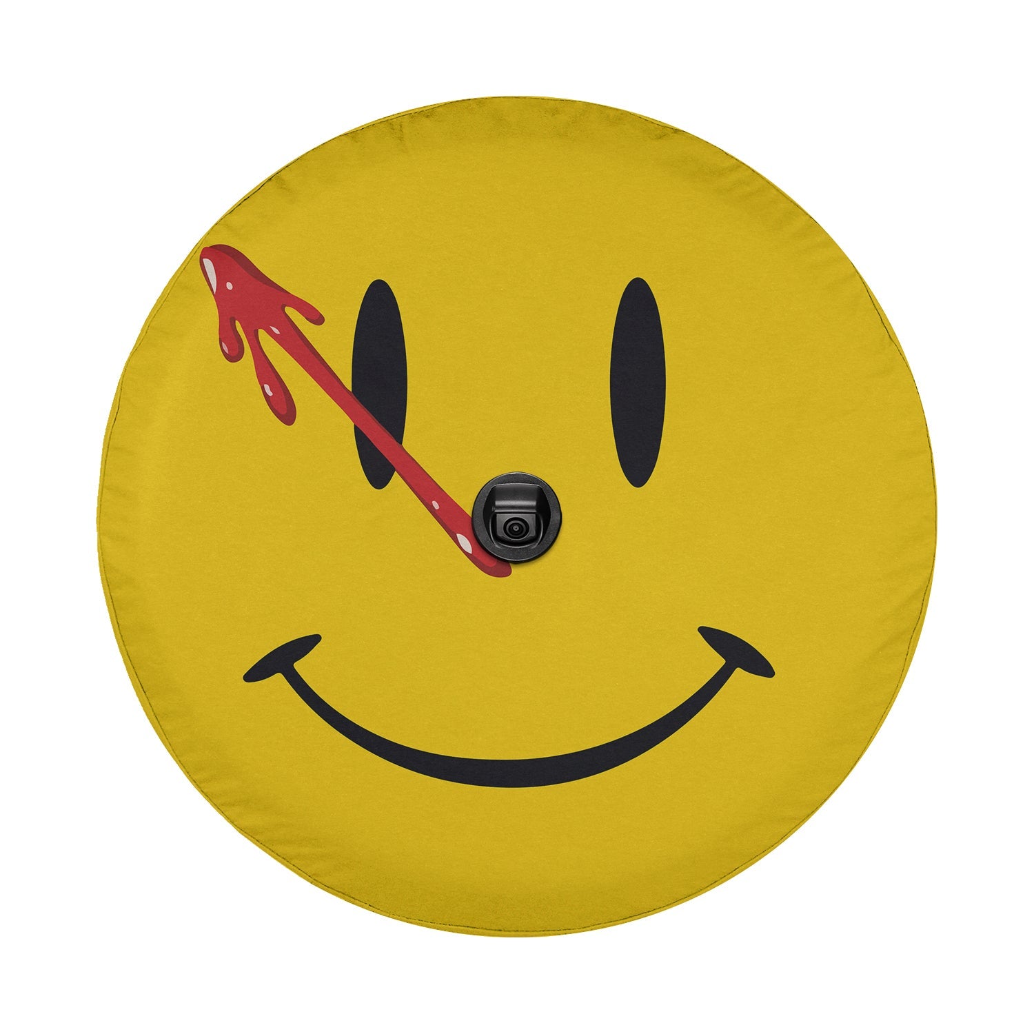 Comedian Smiley Face tire cover Ford Bronco desert mockup with yellow grin and Watchmen blood splatter