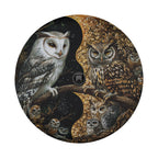 Yin-Yang Owls spare tire cover laid flat for fitment showing the symmetrical owl artwork across the durable canvas
