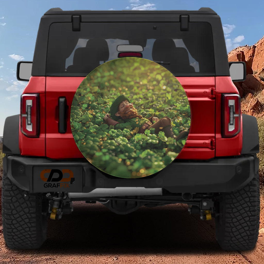 Saint Patricks Day leprechaun clover field spare tire cover with green shamrocks and rainbow