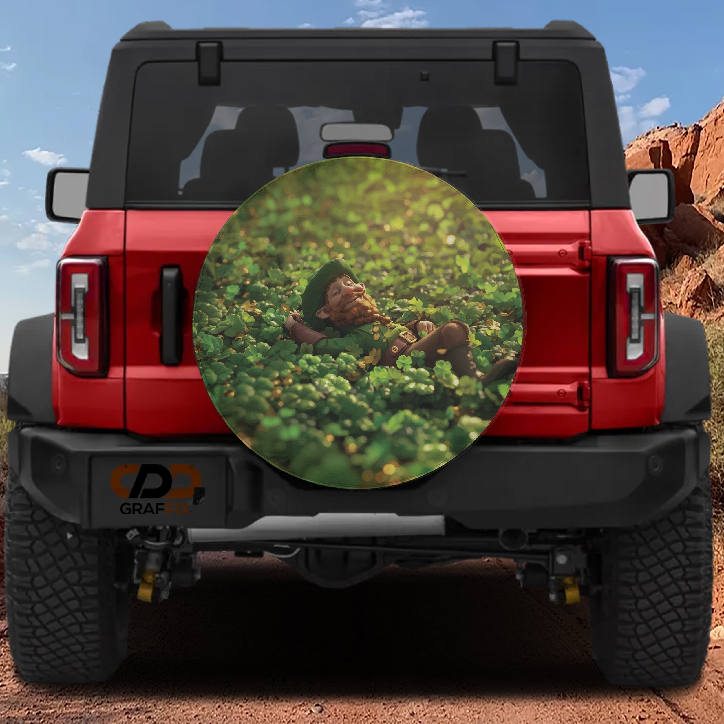 Saint Patricks Day leprechaun clover field spare tire cover with green shamrocks and rainbow