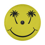 Palm Smiles tire cover product shot of vivid yellow circle smile with twin palm tree silhouette eyes