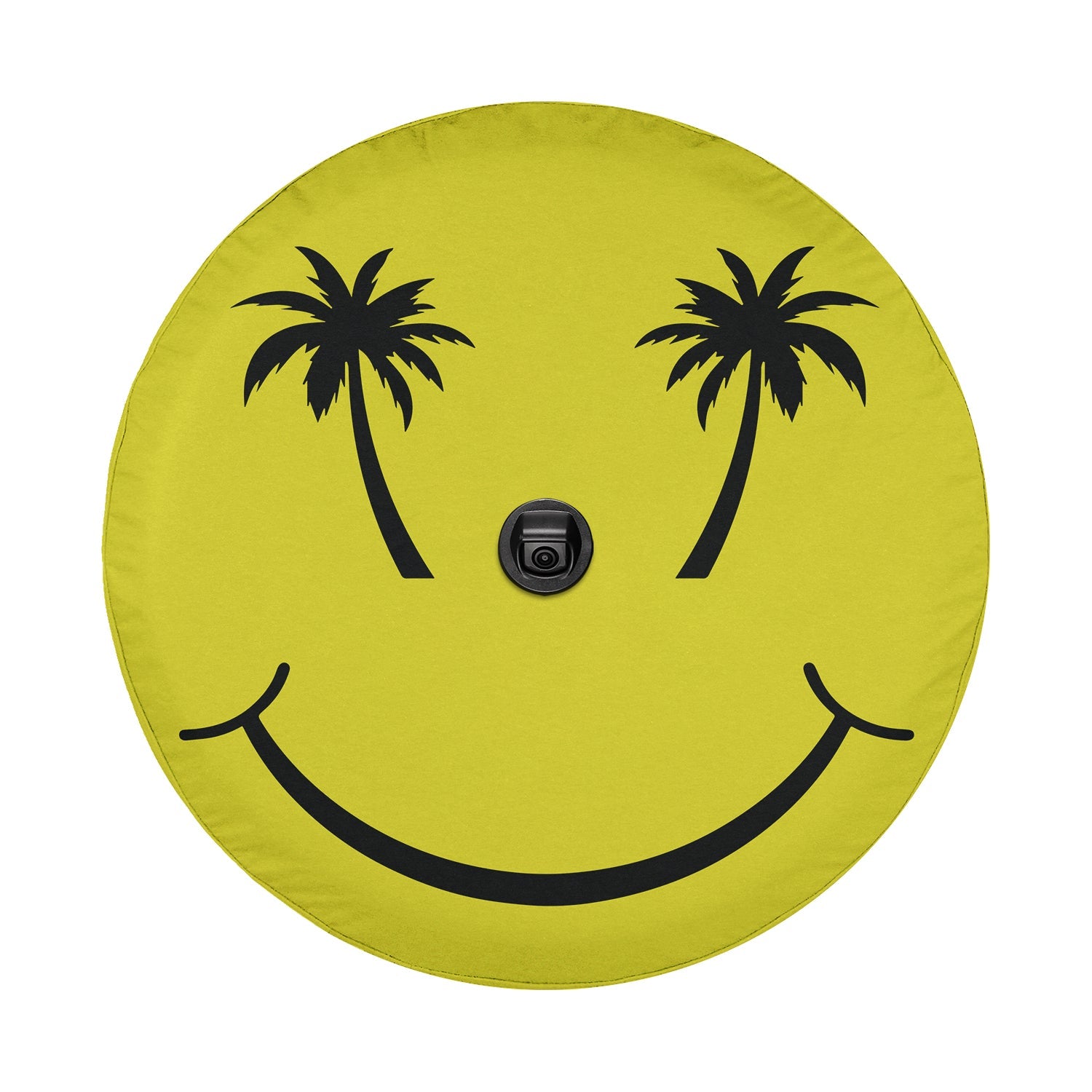 Palm Smiles tire cover product shot of vivid yellow circle smile with twin palm tree silhouette eyes