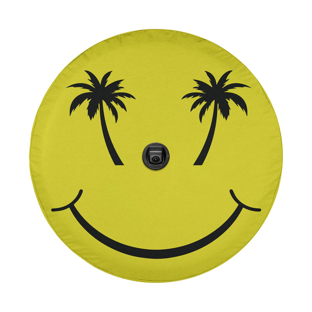A yellow circle with a black smiley face design on it.