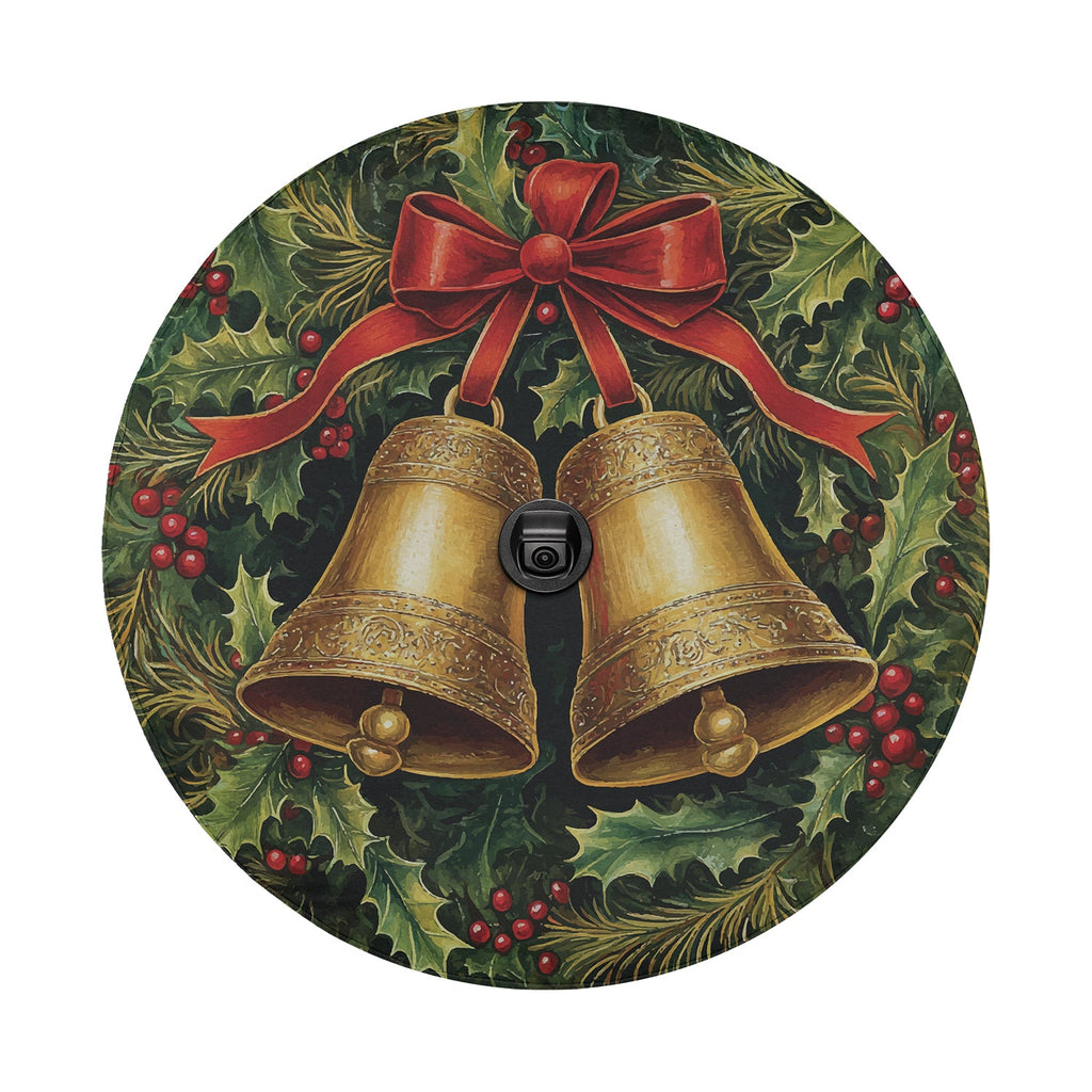 Flat round art of a green wreath holding two golden jingle bells with red ribbon for tire cover