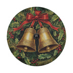 Flat round art of a green wreath holding two golden jingle bells with red ribbon for tire cover