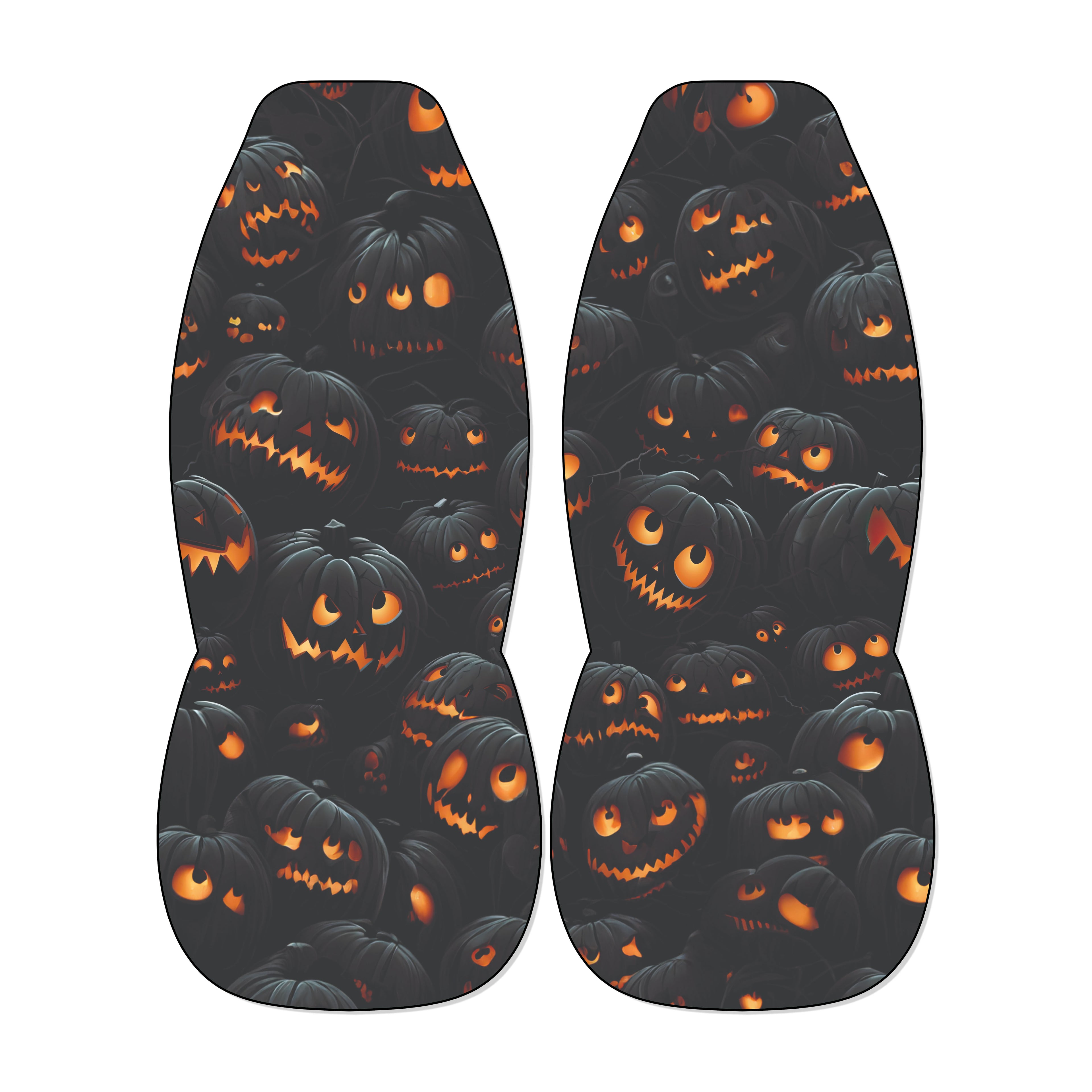 a pair of black shoes with a repeating pattern of orange and black jack-o'-lantern faces on the soles.