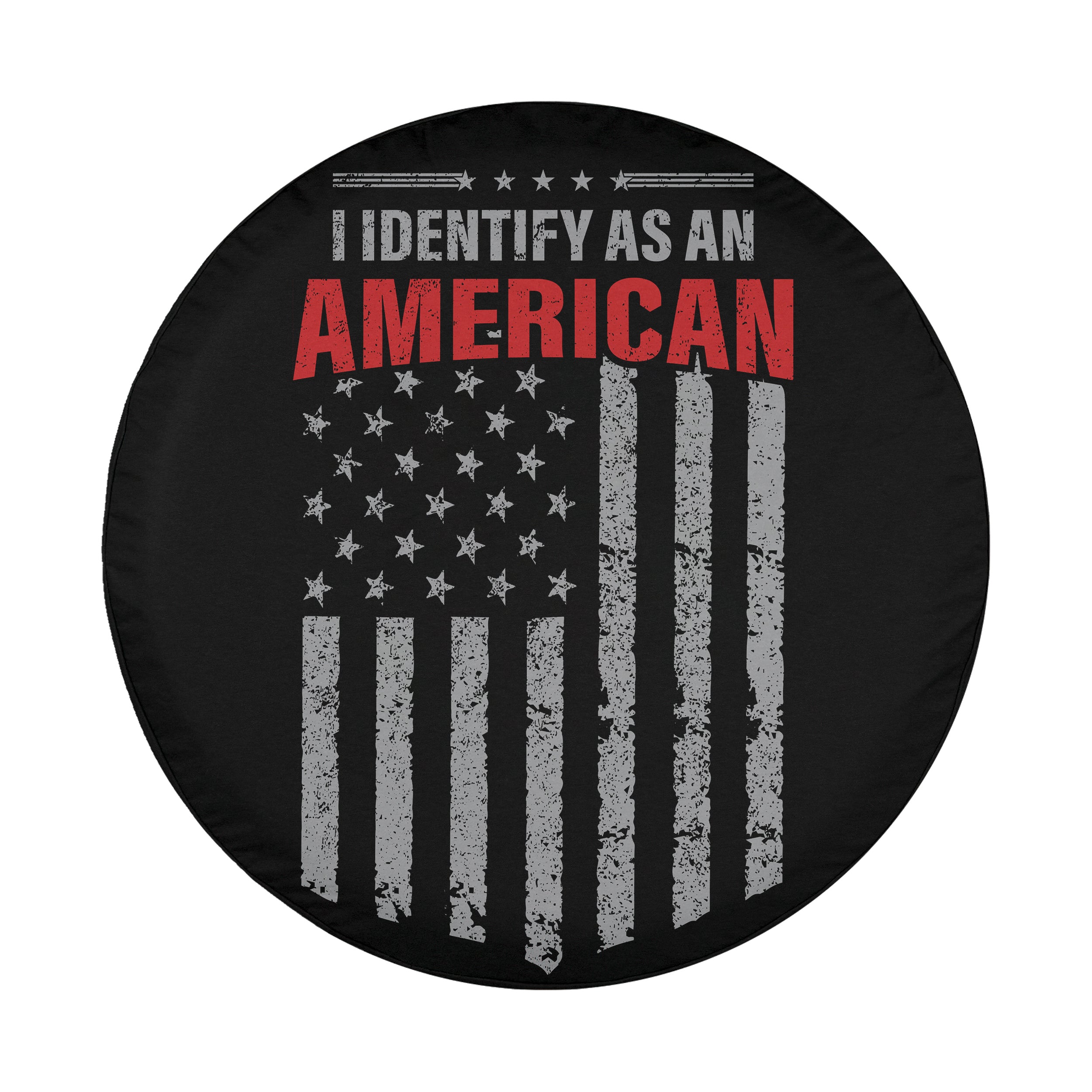 I Identify As American spare tire cover rear angle featuring grunge USA flag statement print