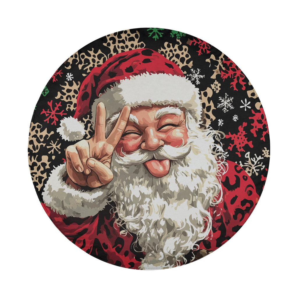 Goofy Santa cartoon peace sign tire cover art with leopard and red green snowflake holiday background