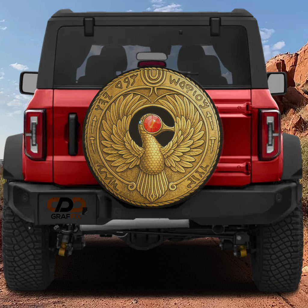 A red Jeep Wrangler with a large gold-colored shield or emblem on the rear window.