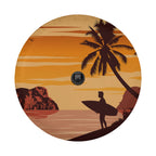 Sunset surfer tire cover flat round view with palm tree, beach rocks, and surfer holding board at sunset