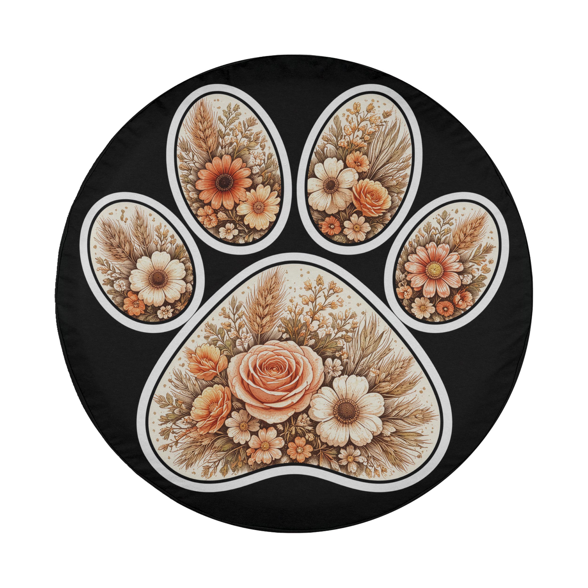 A black circle with a white border, featuring a floral design in shades of orange and white.