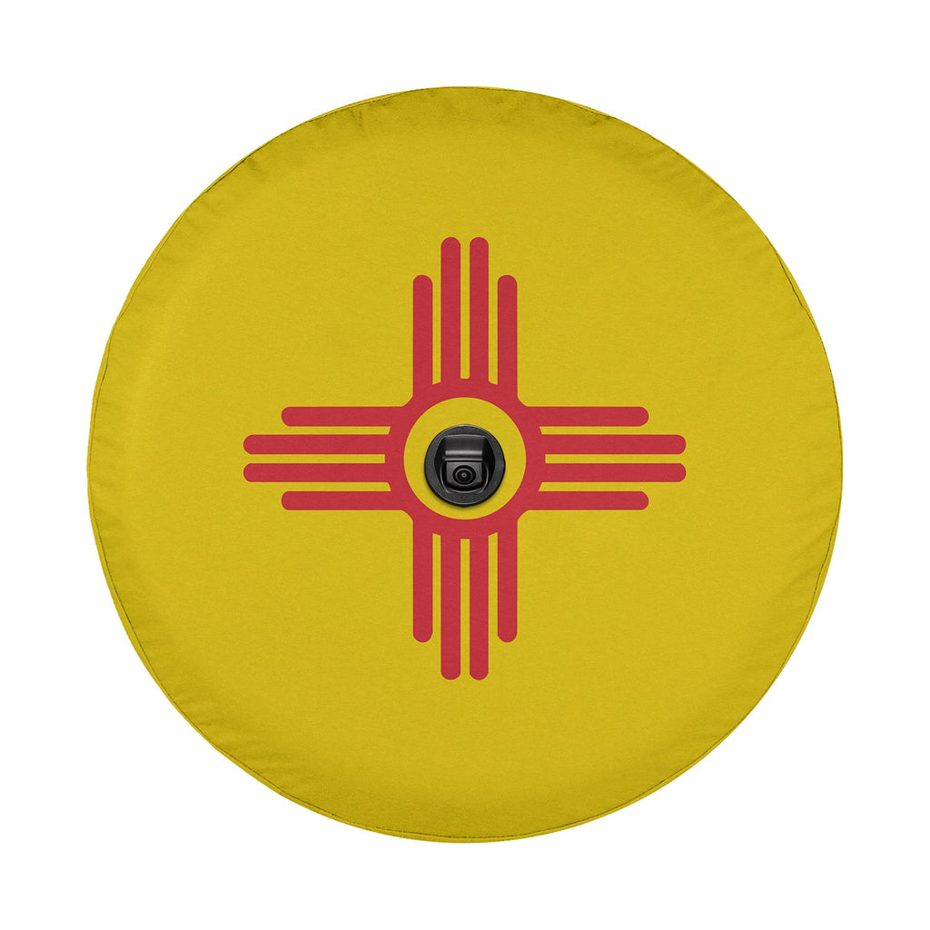 New Mexico State Flag spare tire cover on black Jeep Wrangler rear featuring Zia sun symbol on yellow
