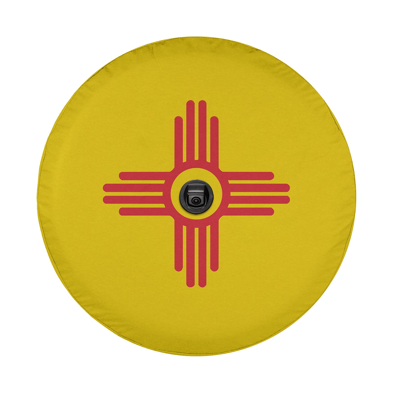 New Mexico State Flag spare tire cover on black Jeep Wrangler rear featuring Zia sun symbol on yellow