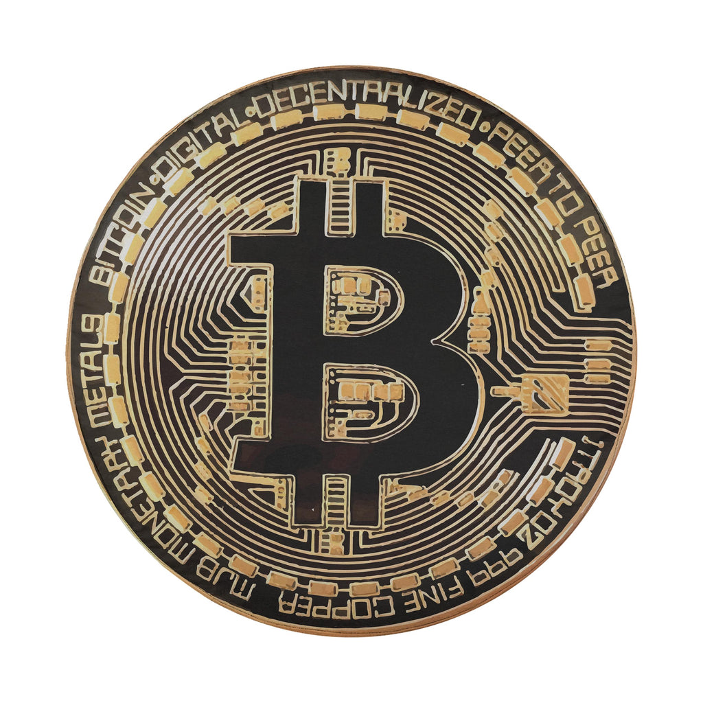 Bitcoin Crypto Token spare tire cover flat art with the golden B coin and decentralized peer-to-peer wording