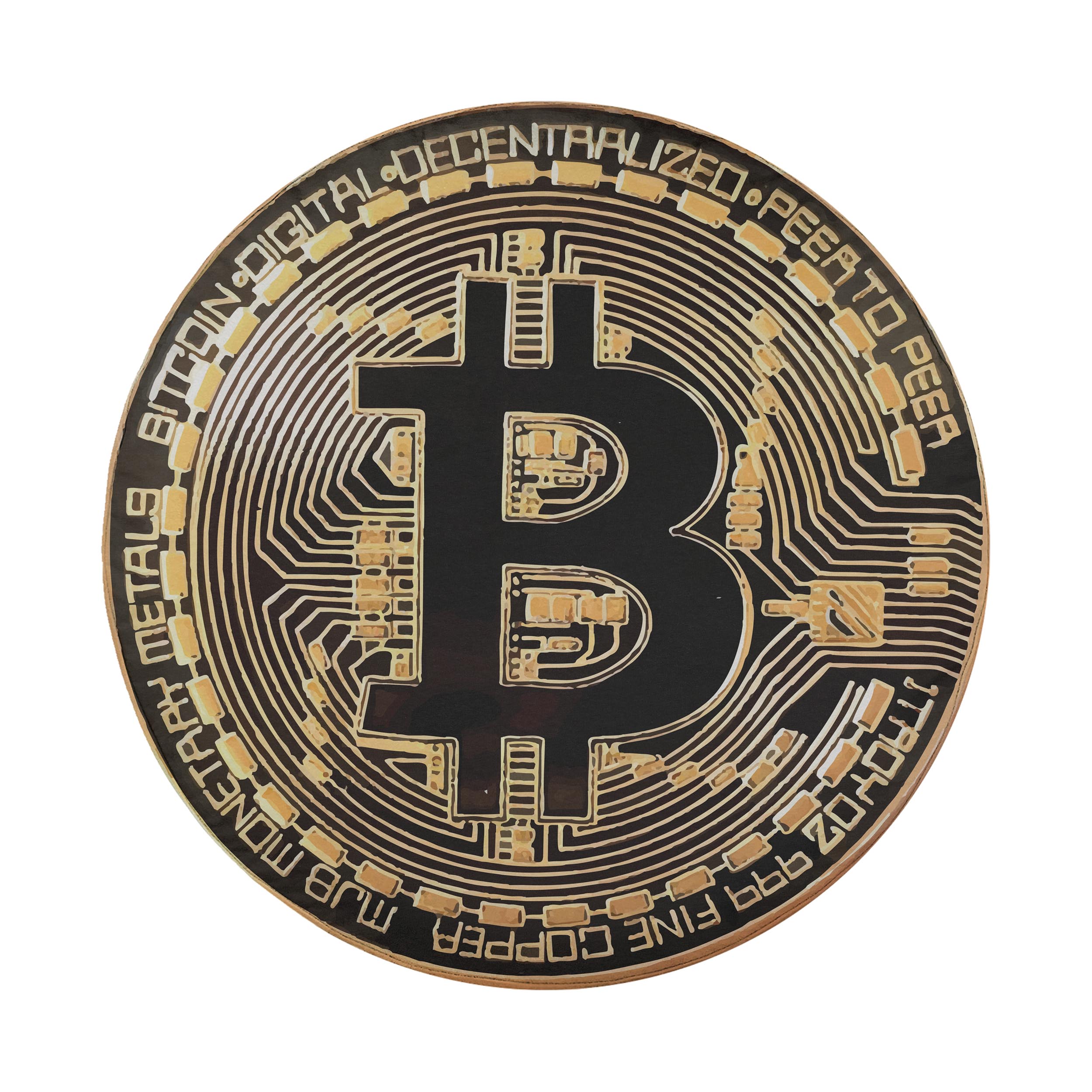 Bitcoin Crypto Token spare tire cover flat art with the golden B coin and decentralized peer-to-peer wording