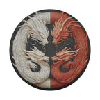 Balance of the Dragons spare tire cover round design with white and red carved dragon yin-yang motif