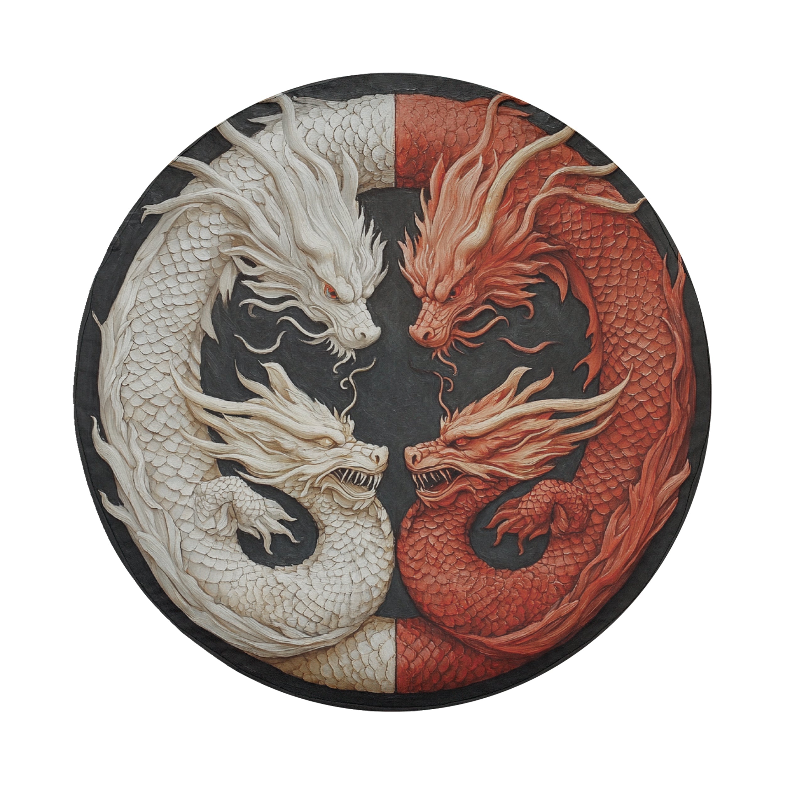 Balance of the Dragons spare tire cover round design with white and red carved dragon yin-yang motif
