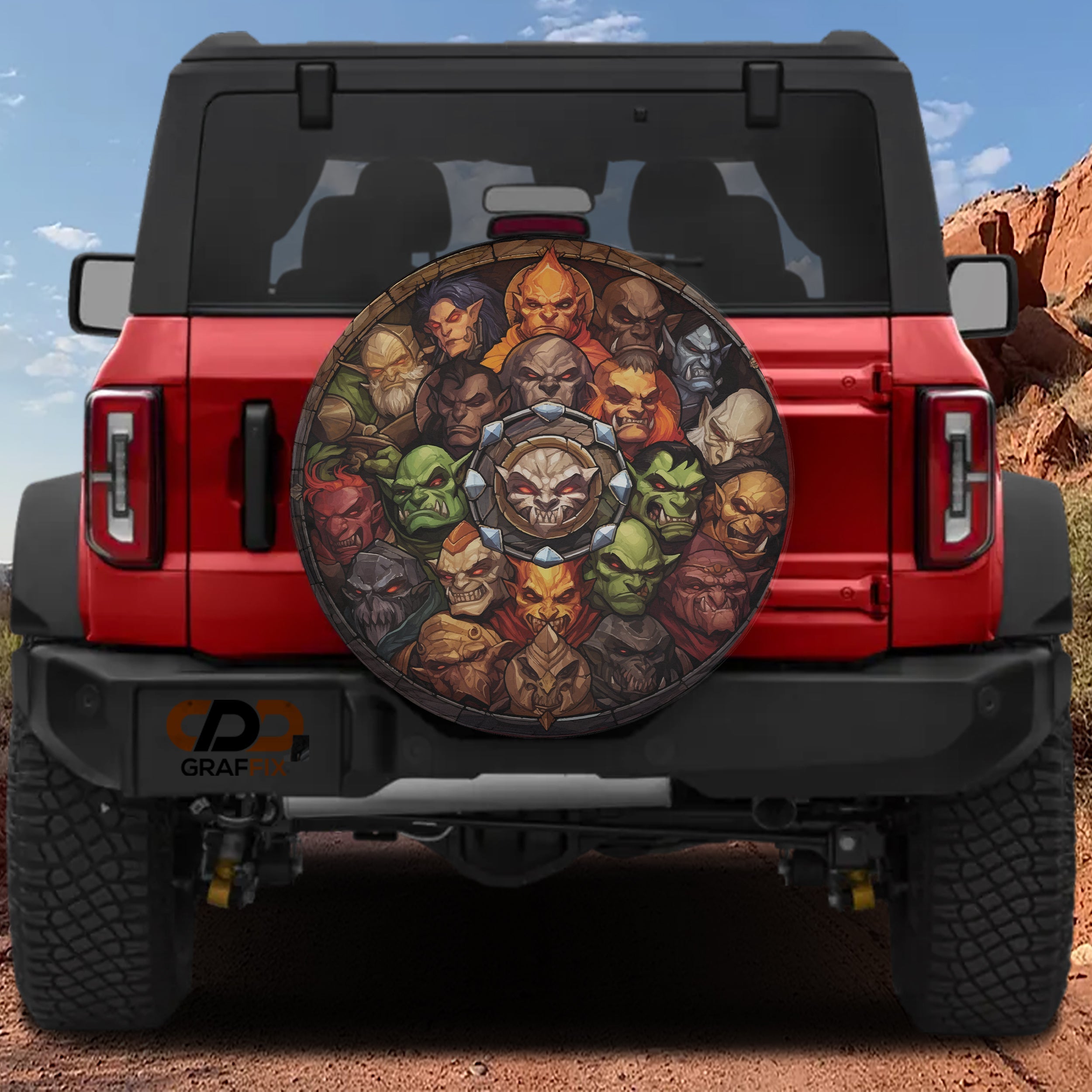 Monster Slayers Gathering tire cover on a red Ford Bronco with a circle of fantasy monster portraits