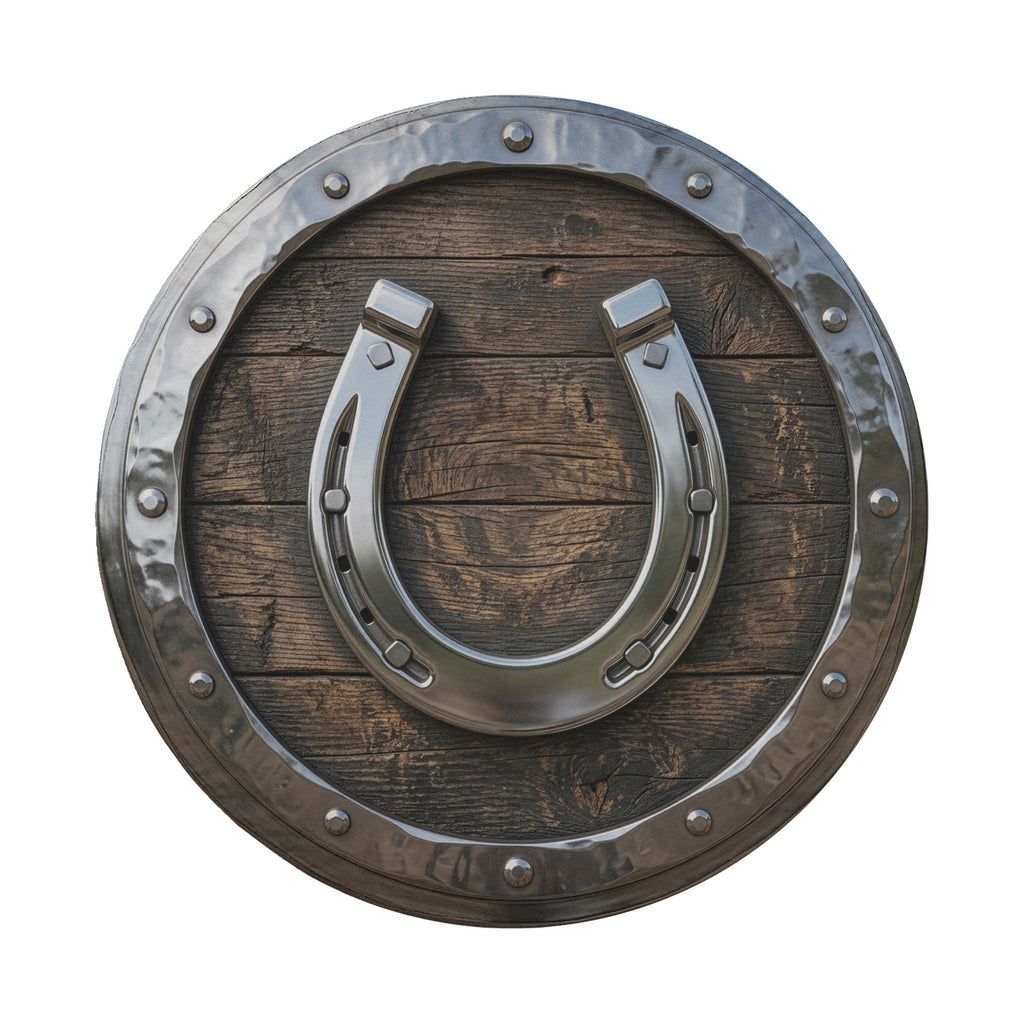 A silver horseshoe is mounted on a wooden shield with a metal border.