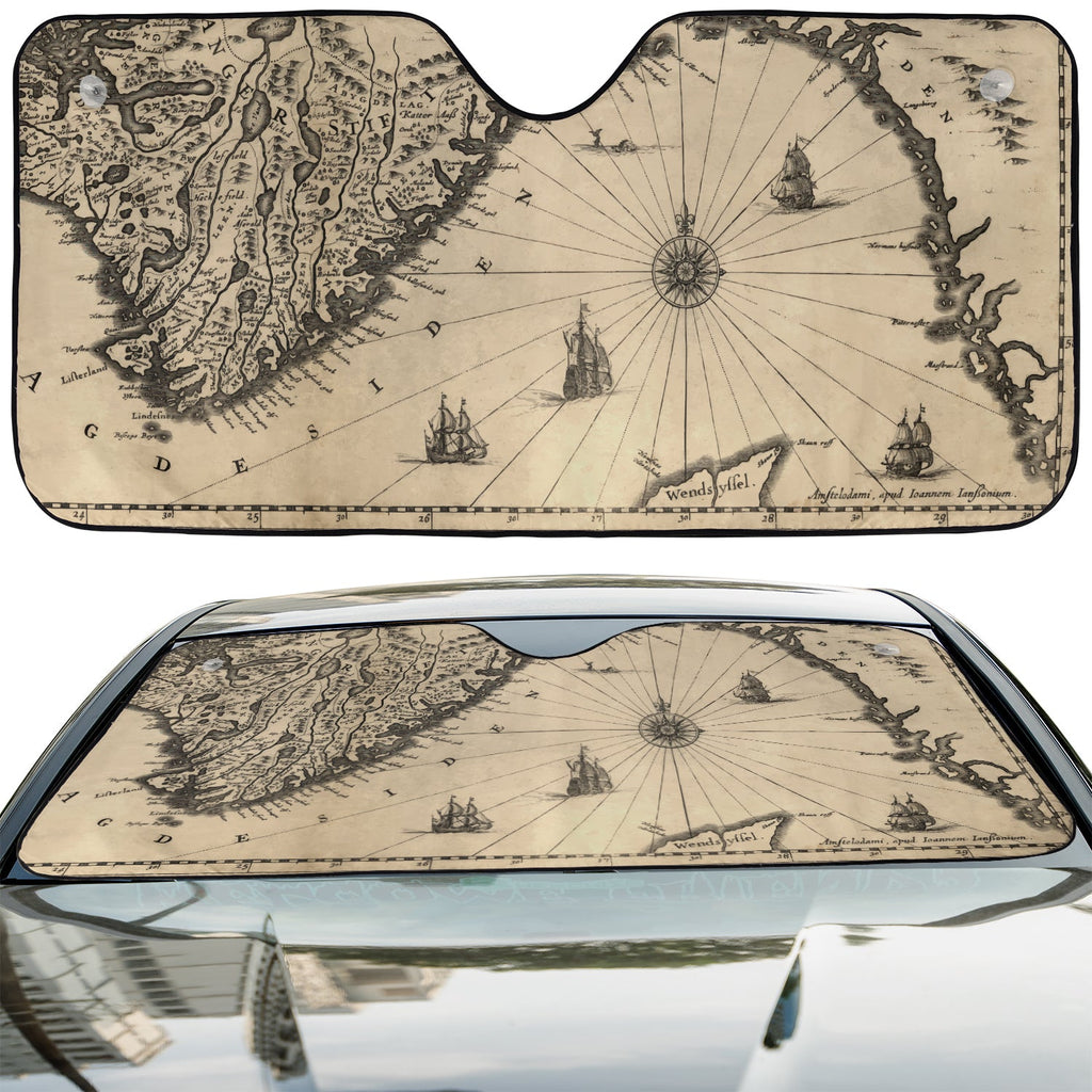 Cartographer Ocean Trail accordion sunshade installed in a sedan windshield on a sunny city street view