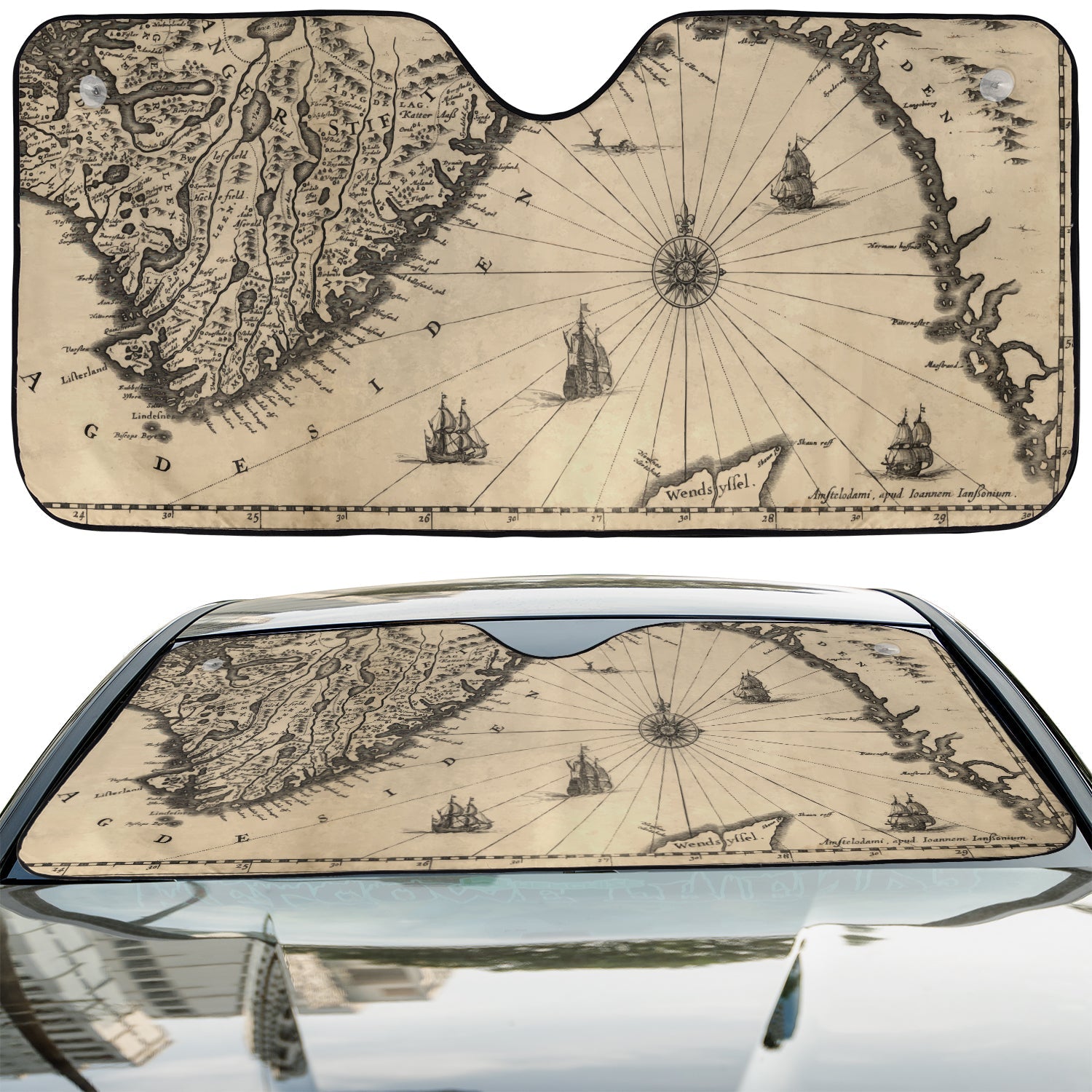 Cartographer Ocean Trail accordion sunshade installed in a sedan windshield on a sunny city street view