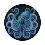 A large, colorful octopus with its tentacles spread out against a dark background.