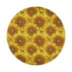 Sunflower tire cover flat round product view with bright yellow petals and rich golden brown sunflower centers