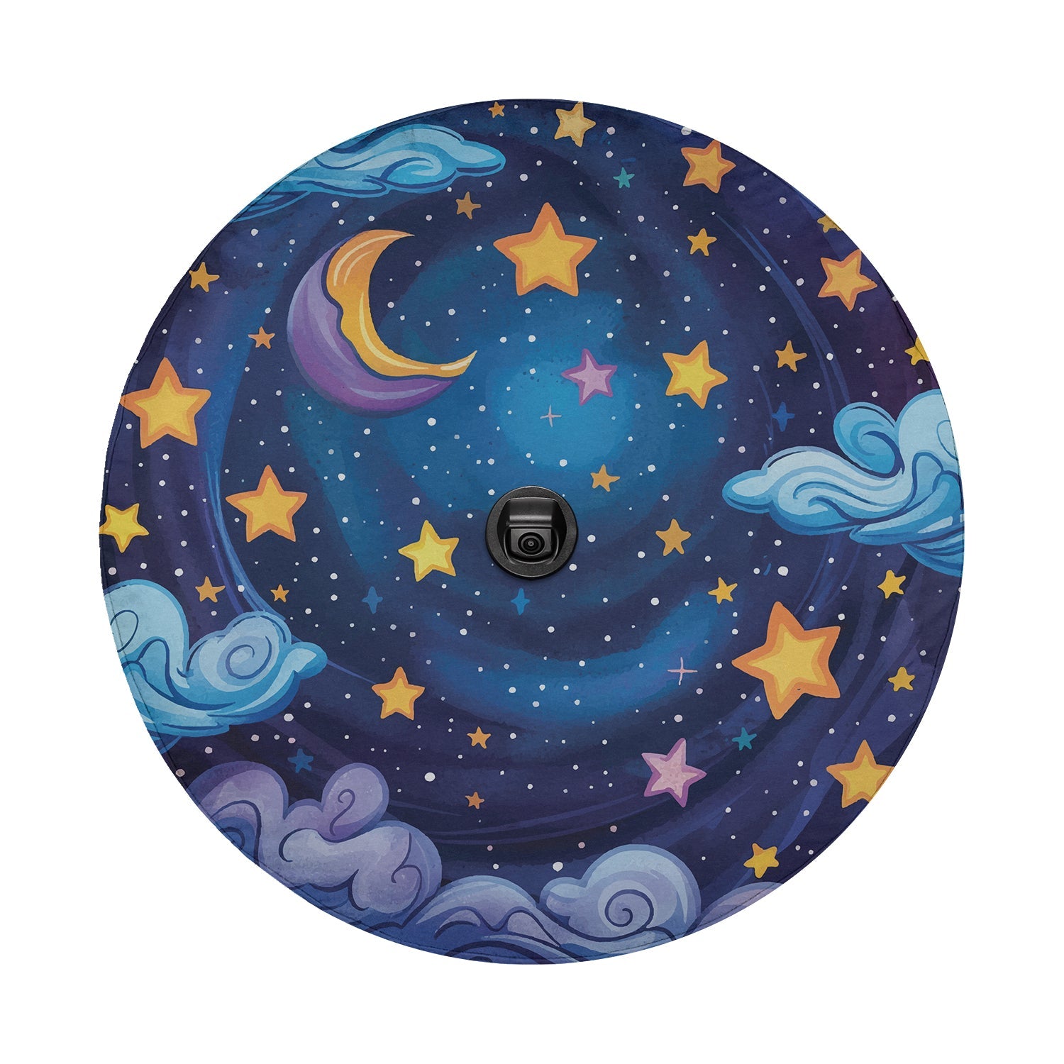Starry night sky tire cover closeup with backup camera hole centered among twinkling stars and night clouds