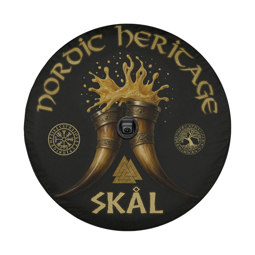 a circular design with a black background and gold accents. The design includes a pair of golden horns, a tree, and a Viking symbol. The text "NORDIC HERITAGE" is written around the top of the image, and "SKÄL" is written at the bottom.