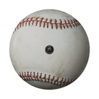 Baseball spare tire cover closeup detail of white leather and red stitching artwork