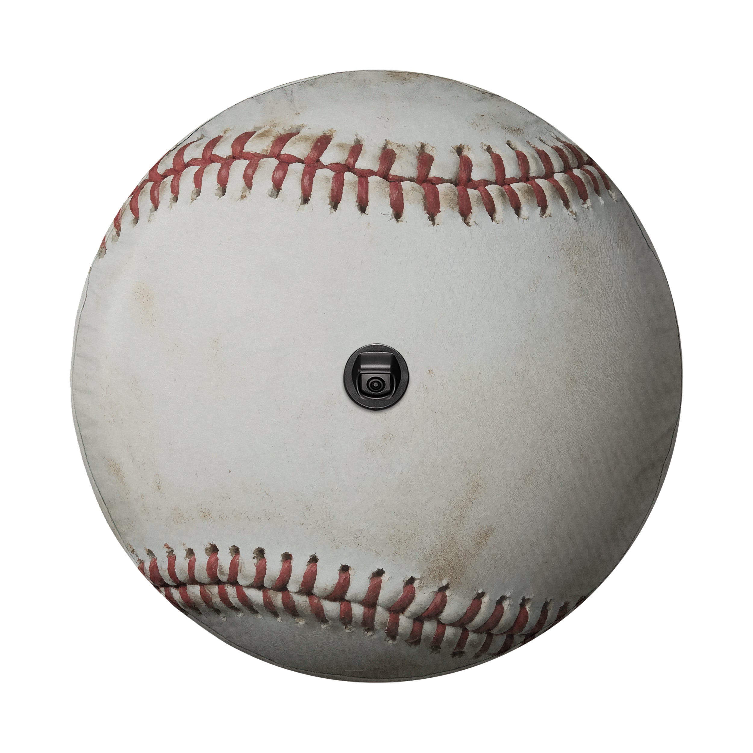 Baseball spare tire cover closeup detail of white leather and red stitching artwork