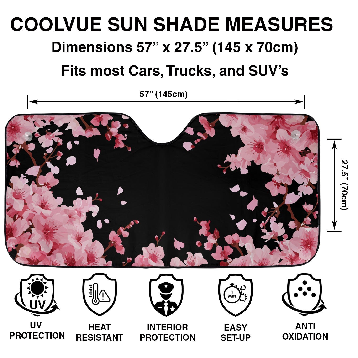 Japanese Cherry Blossom windshield sunshade specs with 57 by 27.5 inch size and UV heat resistance icons
