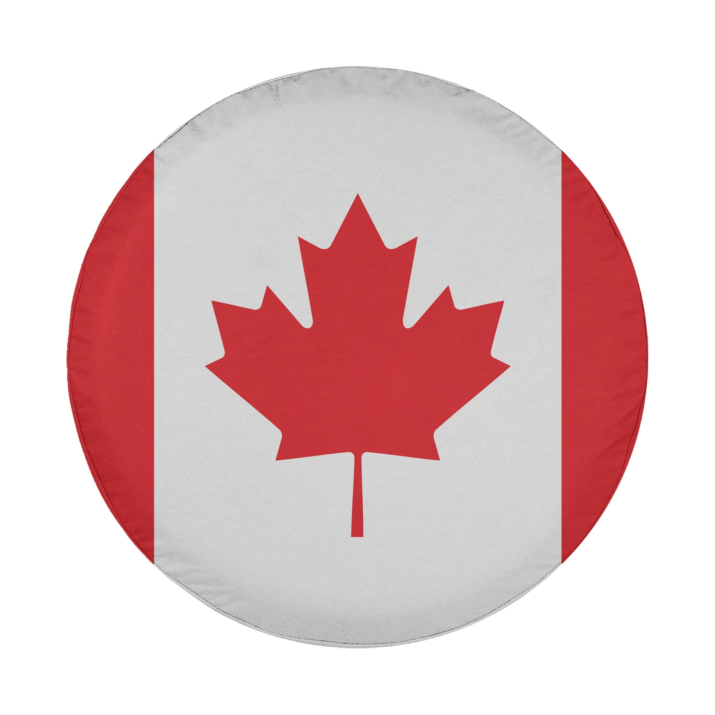 Canadian Maple Leaf flag spare tire cover on red Jeep Wrangler with desert backdrop featuring red and white design