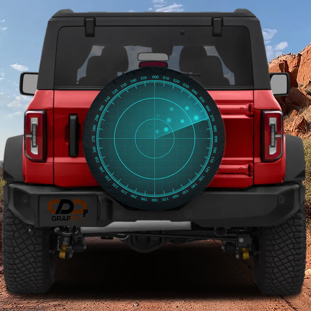 Radar HUD display spare tire cover with green grid targeting printed design