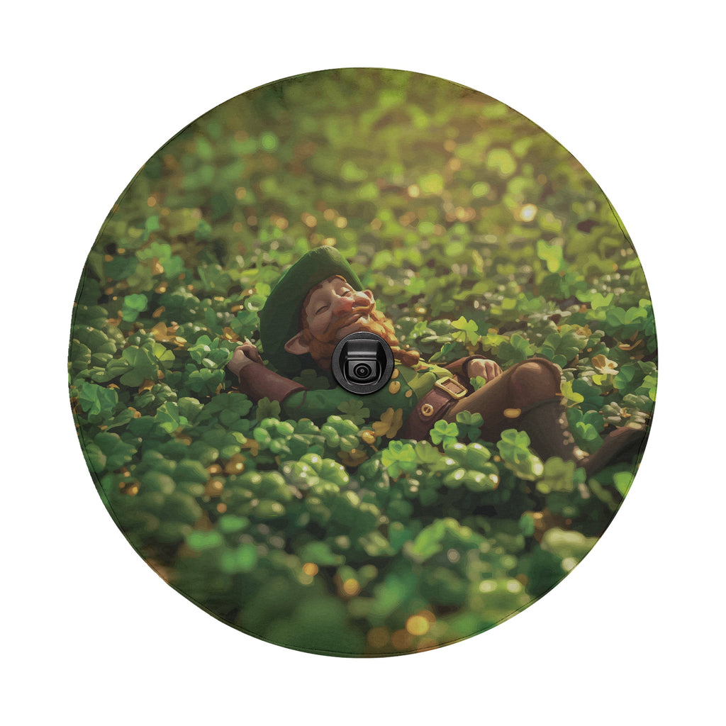 Saint Patricks Day leprechaun clover field spare tire cover with green shamrocks and rainbow