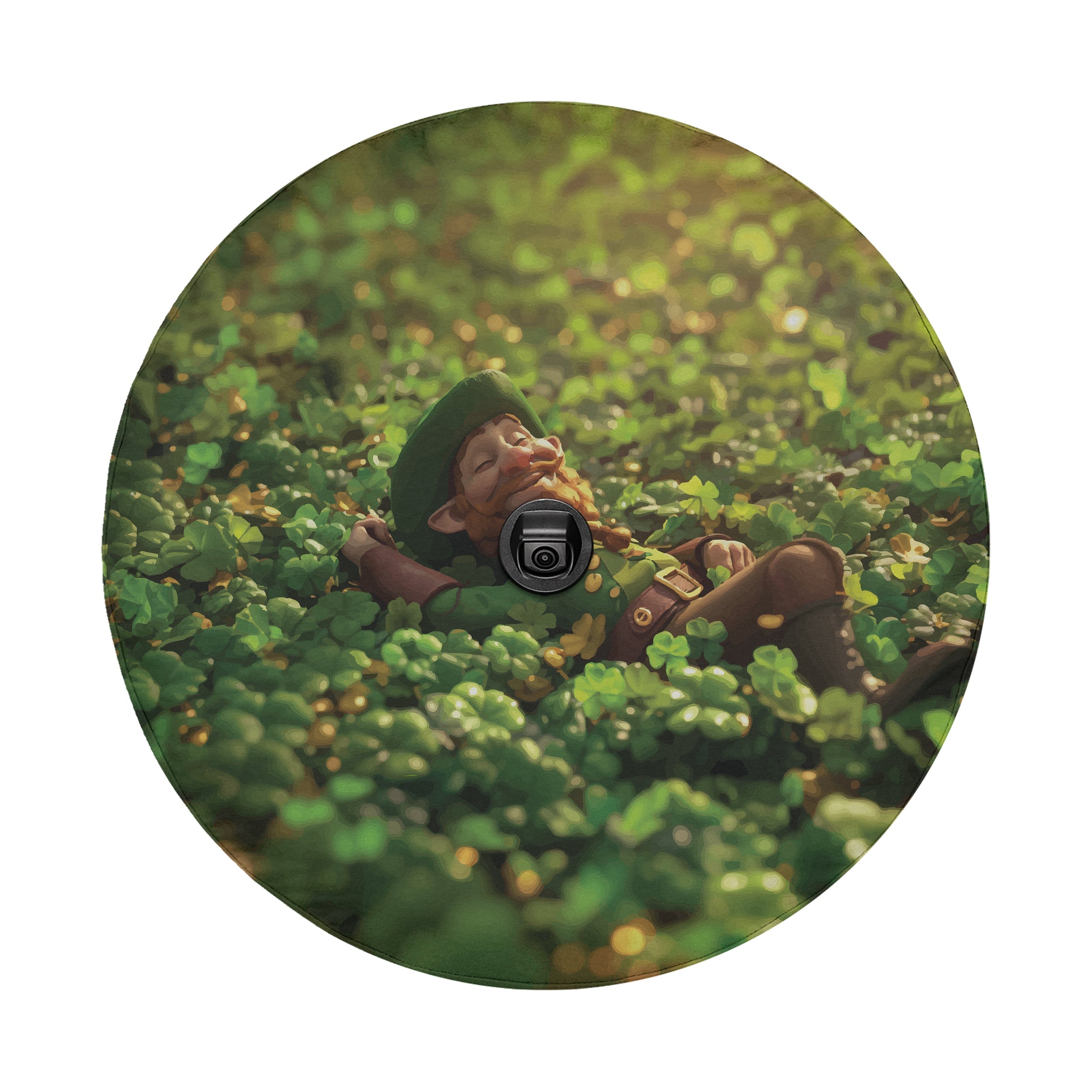 Saint Patricks Day leprechaun clover field spare tire cover with green shamrocks and rainbow