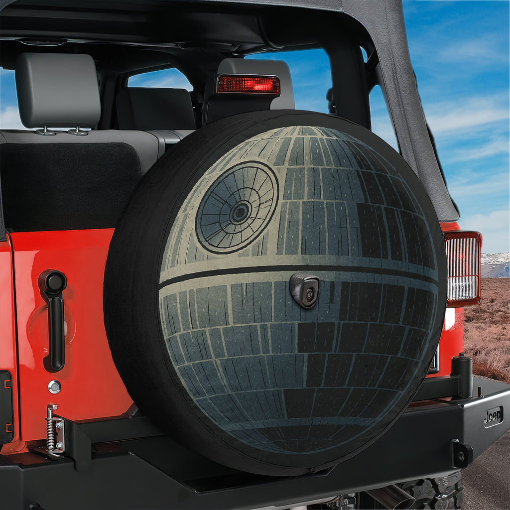 That's No Moon spare tire cover flat view with gray Death Star sci-fi battle station