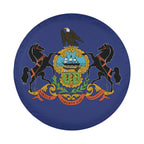 Pennsylvania state flag spare tire cover on red Jeep Wrangler with desert background showing state coat of arms
