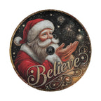 Santa Claus blowing out fireworks with the word "Believe" written below.